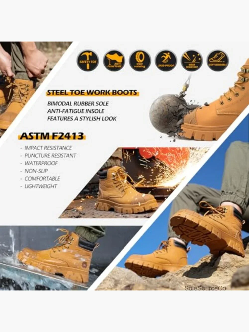 Men's Steel Toe Work Boots Waterproof Leather Non Slip Safety Boots Lightweight